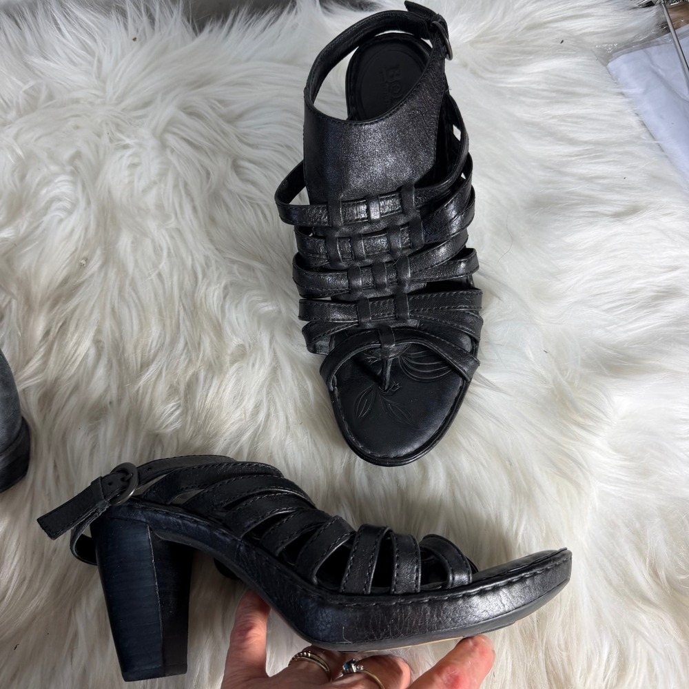 Born Black Leather Strappy Gladiator Block Heel Sandals W31818 Women 9 40.5